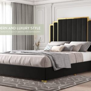 HOWE King Size Bed Frame and 65" Headboard, Upholstered Bed with Golden Plating Trim, Modern Platform Bed No Box Spring Needed, Black