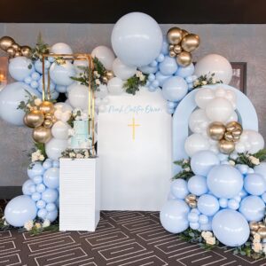 148pcs baby blue balloon garland arch kit, with white metallic gold balloons in different sizes for boy birthday baby shower party decoration