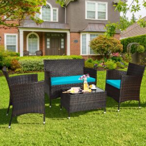 Toolsempire 4 Pieces Patio Sofa Set, Wicker Conversation Set with Ergonomic Curved Backrest, Rattan Furniture Set with Water-Resistant Cushion & Tempered Glass Table for Balcony, Porch (Turquoise)