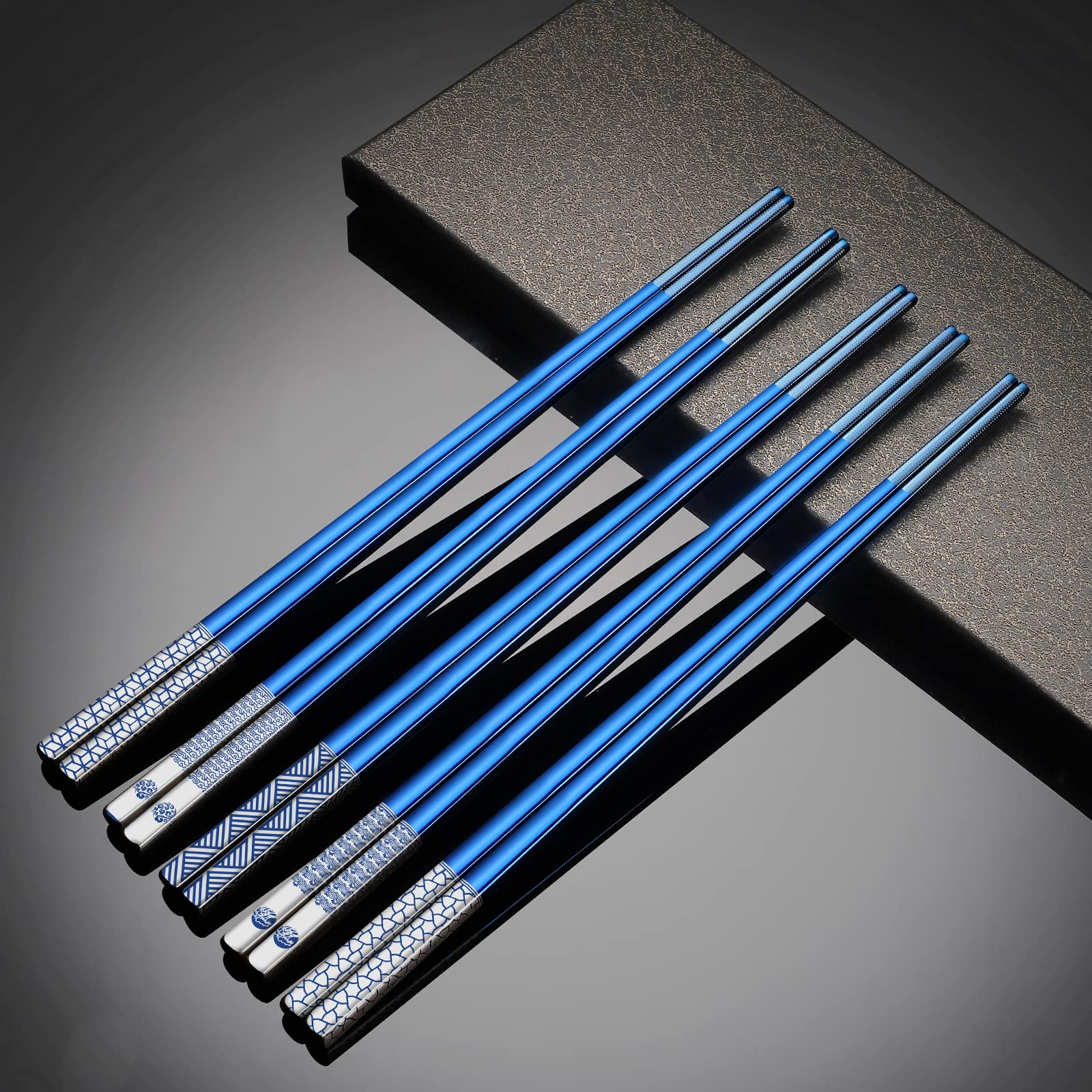 TIICOO Metal Chopsticks Reusable 18/8 Stainless Steel Chopsticks Laser Engraved Premium Titanium Chop Sticks Dishwasher Safe Lightweight Japanese Korean Chopsticks 5 Pairs Gift Set (Blue)