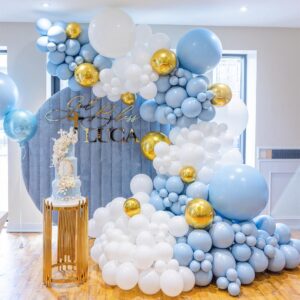 148Pcs Baby Blue Balloon Garland Arch Kit, with White Metallic Gold Balloons in Different Sizes for Boy Birthday Baby Shower Party Decoration