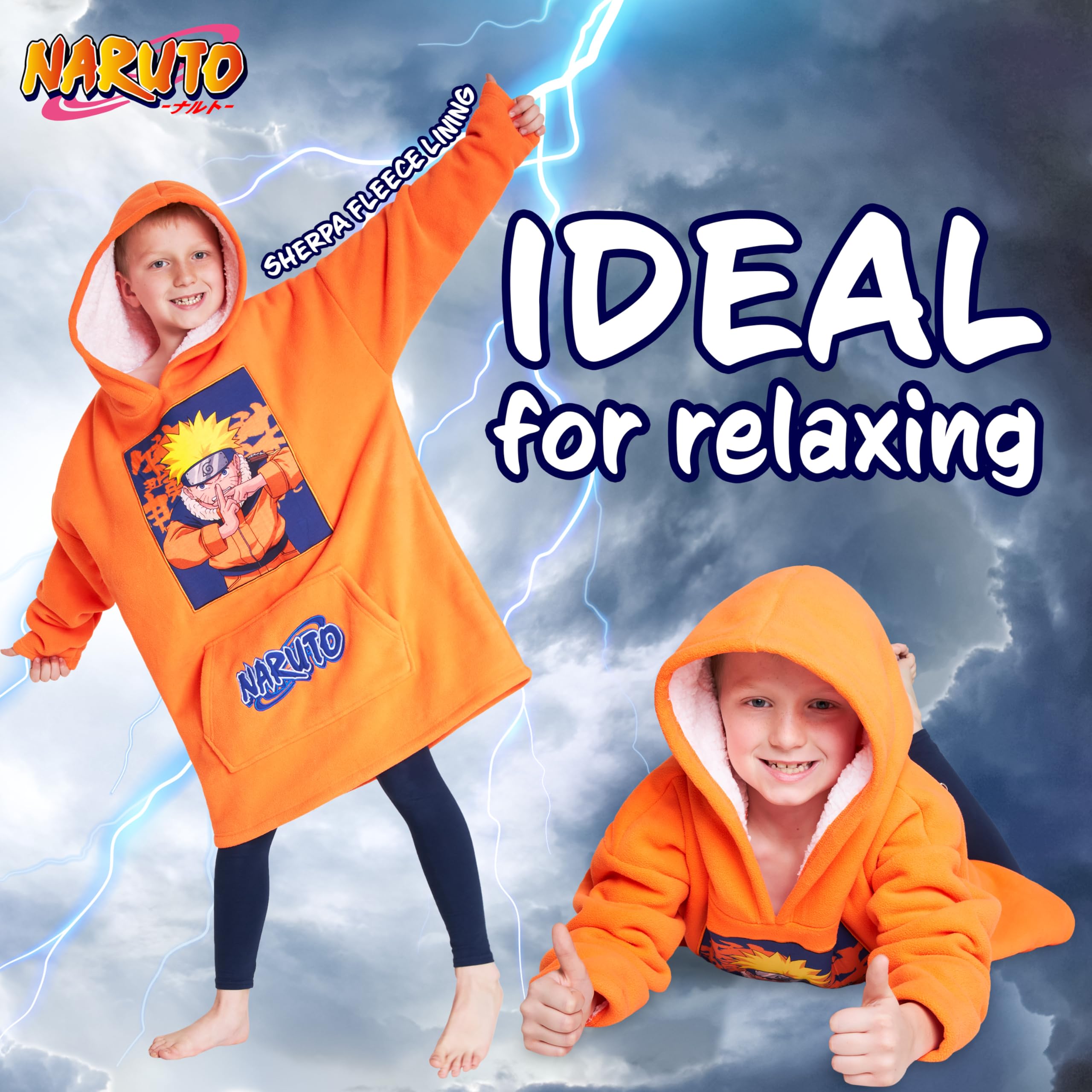 Naruto Fleece Hoodie Blanket for Boys and Teenagers - One Size Kids Oversized Hoodie with Sherpa Lining Gifts for Boys Orange