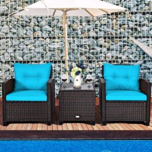 toolsempire 3 pieces wicker patio furniture set, outdoor sofa set with water-resistant cushion & tempered glass table, outdoor conversation set bistro set for garden, balcony, poolside(turquoise)