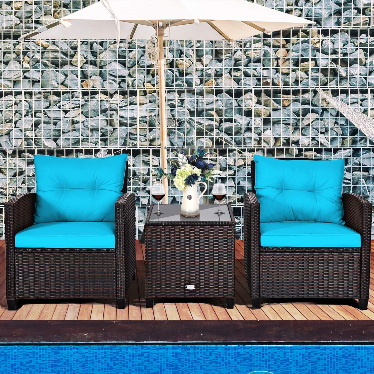 Toolsempire 3 Pieces Wicker Patio Furniture Set, Outdoor Sofa Set with Water-Resistant Cushion & Tempered Glass Table, Outdoor Conversation Set Bistro Set for Garden, Balcony, Poolside(Turquoise)