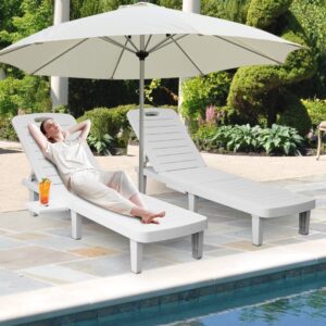 LUCKYERMORE Outdoor Chaise Lounge Set of 3, Patio Lounge Chairs for Outside, 74" Pool Lounge Chairs w/ 4 Level Adjustable Backrest, 350lbs Weight Capacity Plastic White Pool Furniture, Waterproof