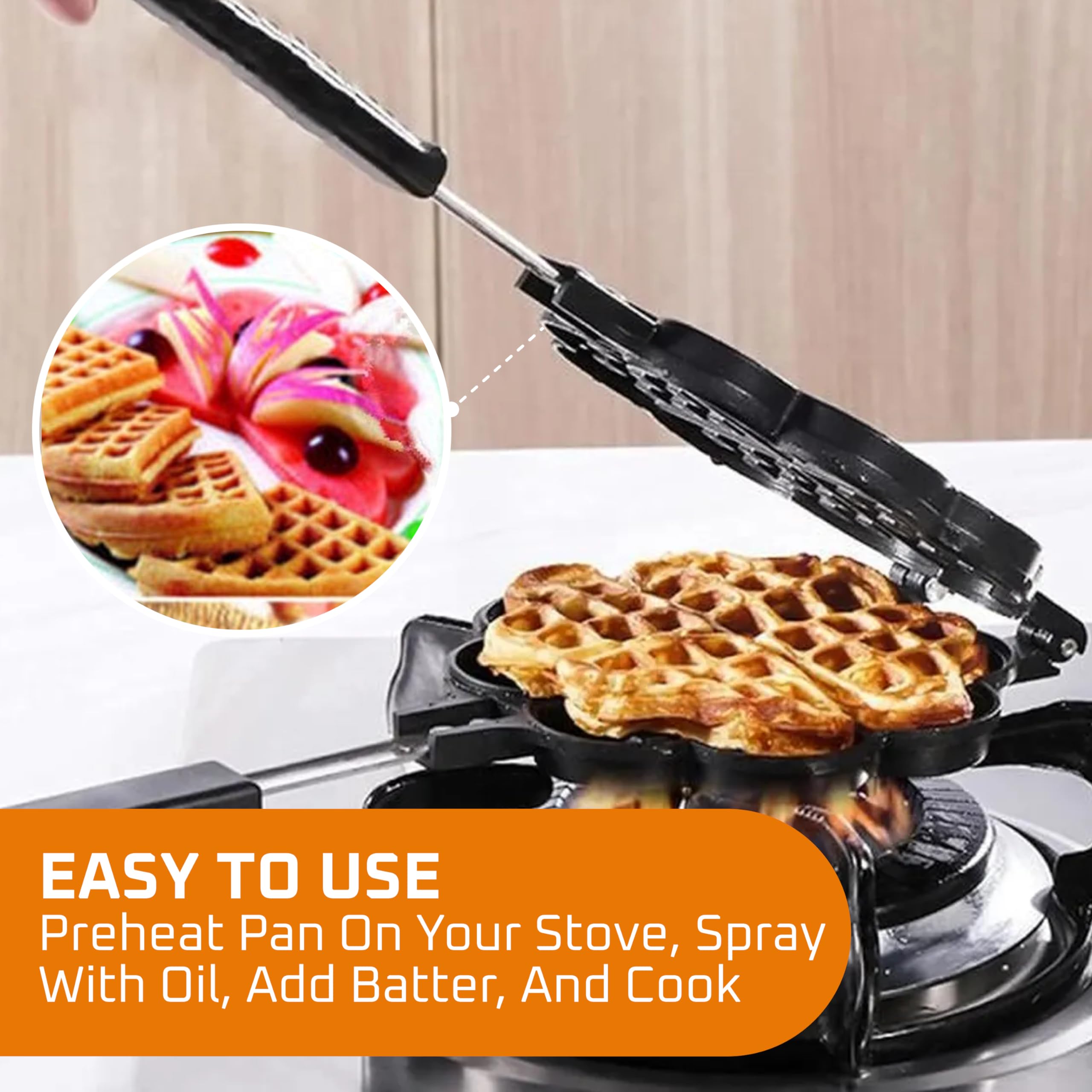 Bruntmor Stovetop Waffle Pan Set of 1 - Cast Iron Waffle Pan Maker for Pancakes, Puffs, and Waffles - Non-Electric Stovetop Griddle Panwaffle for Gas Stove - Dishwasher Safe & Non Stick Cookware