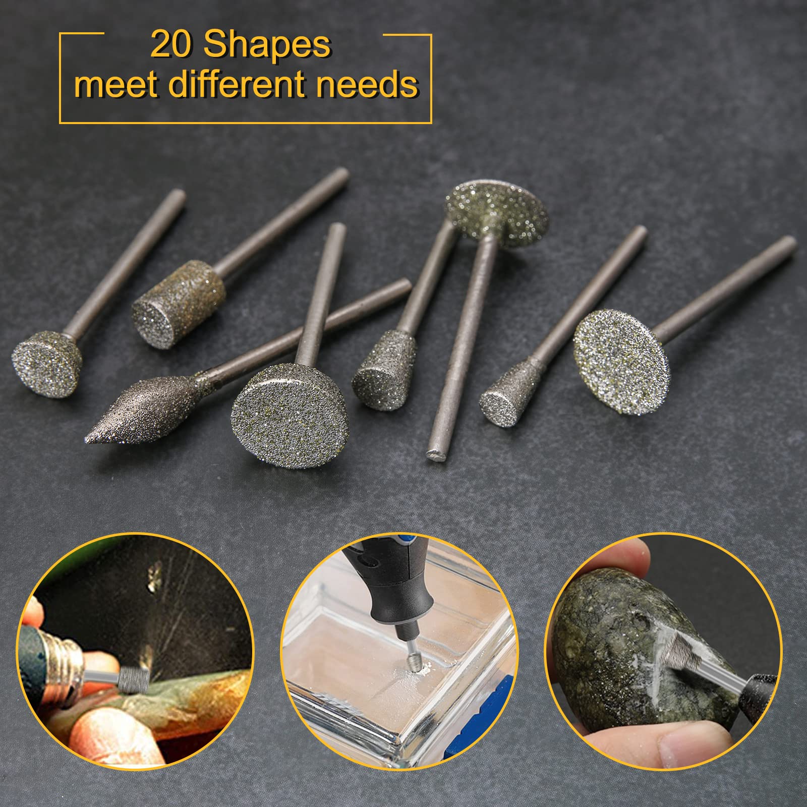 Diamond Burr Set for Dremel, Rotary Tool Grinding Cutting Wheel Stone Glass Tile Jewelry Engraving Rock Etching Masonry 1/8” Die Grinder Carving Cutter Metal Engraver Kit - 32pc Set