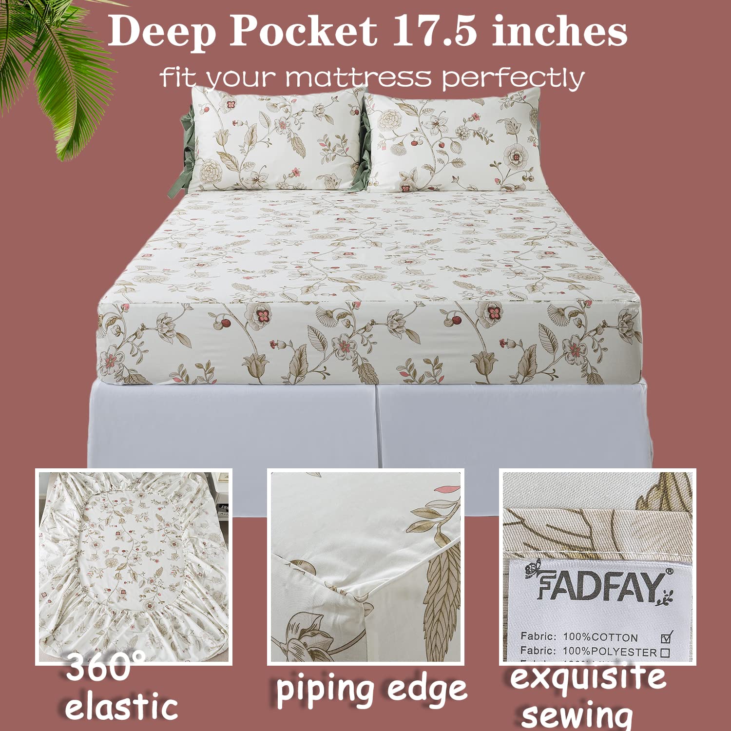 FADFAY 7 Piece 100% Cotton Beige Floral Bedding Set Queen Size Sheet Set +Duvet Cover, Soft Pink Flower Complete Bedding Bed in a Bag(1 Duvet Cover, 1 Fitted Sheet, 1 Flat Sheet + 4 Pillowcase)