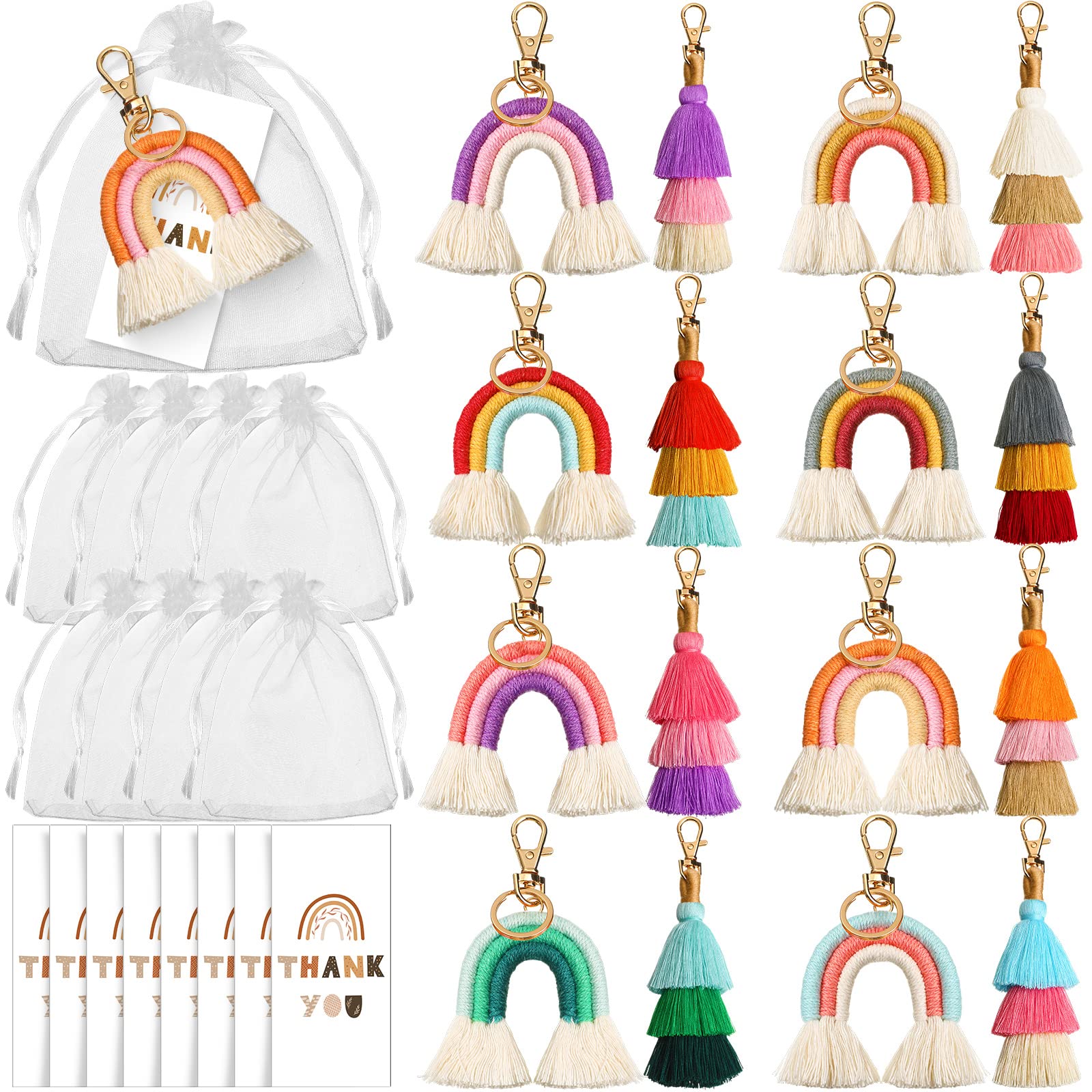 32 Pcs Rainbow Party Favors Set Include 8 Pcs Rainbow Macrame Keychains,8 Boho Tassel Keychains,8 Organza Bags and 8 Thank You Cards for Women Wedding Birthday Baby Shower Guests Gifts