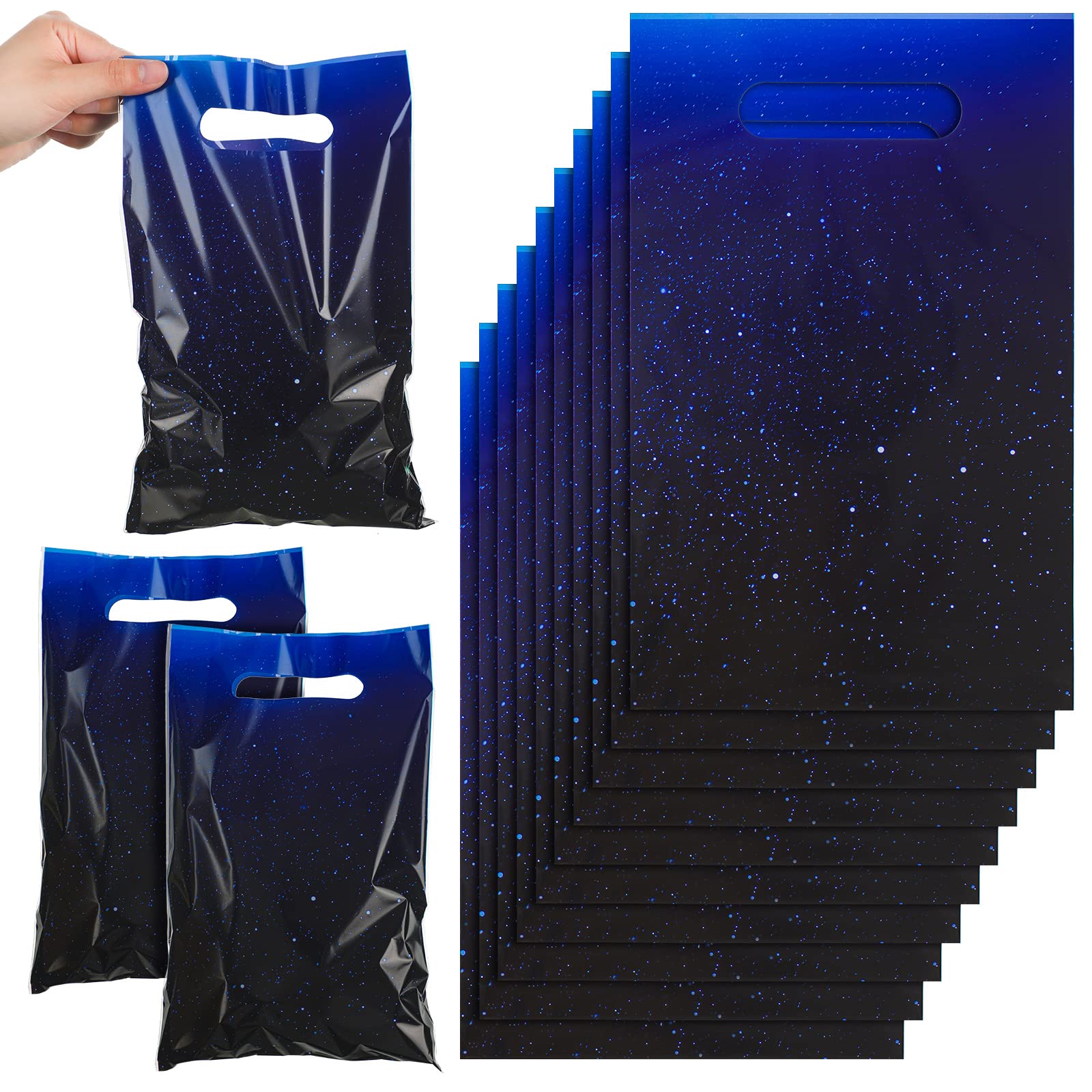 50 Packs Galaxy Party Favor Bags Candy Favor Bags Goodie Bags Galaxy Party Supplies Outer Space Party Favors Treat Bags Starry Plastic Gift Bags for Kids Birthday Party Baby Shower (Blue Galaxy)