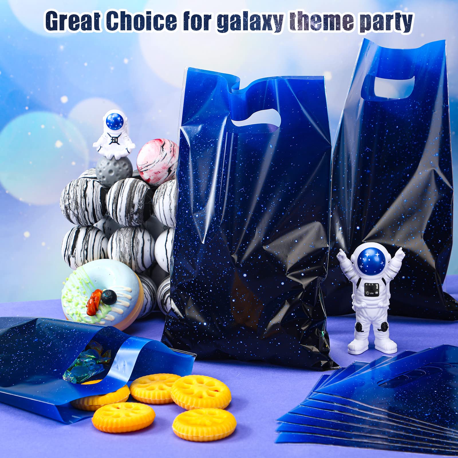 50 Packs Galaxy Party Favor Bags Candy Favor Bags Goodie Bags Galaxy Party Supplies Outer Space Party Favors Treat Bags Starry Plastic Gift Bags for Kids Birthday Party Baby Shower (Blue Galaxy)