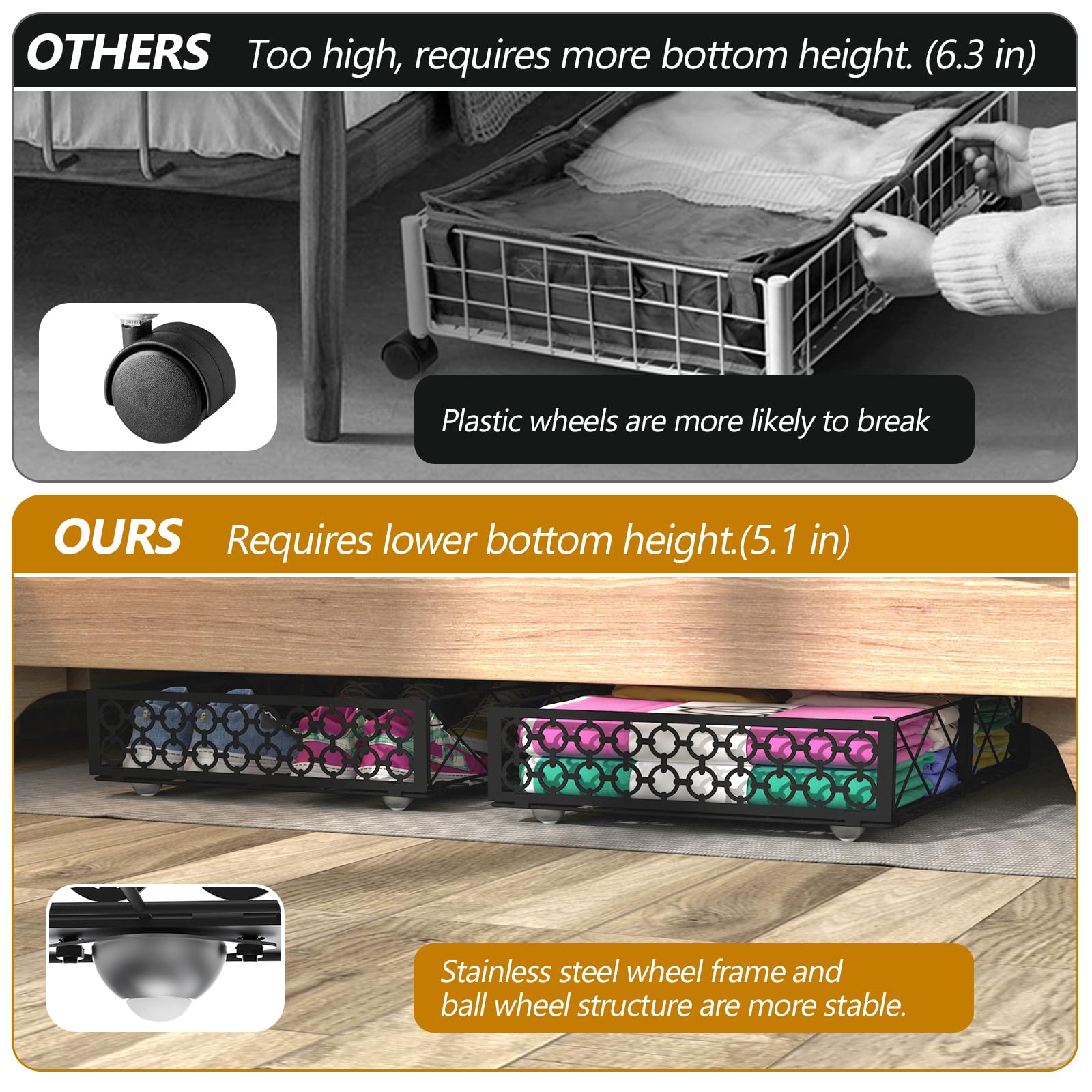 NADAMOO Under Bed Storage with Wheels, 2 Pack Rolling Under Bed Storage Containers，Foldable Metal Under the Bed Organizer Bins for Bedroom Clothes Shoes Blankets