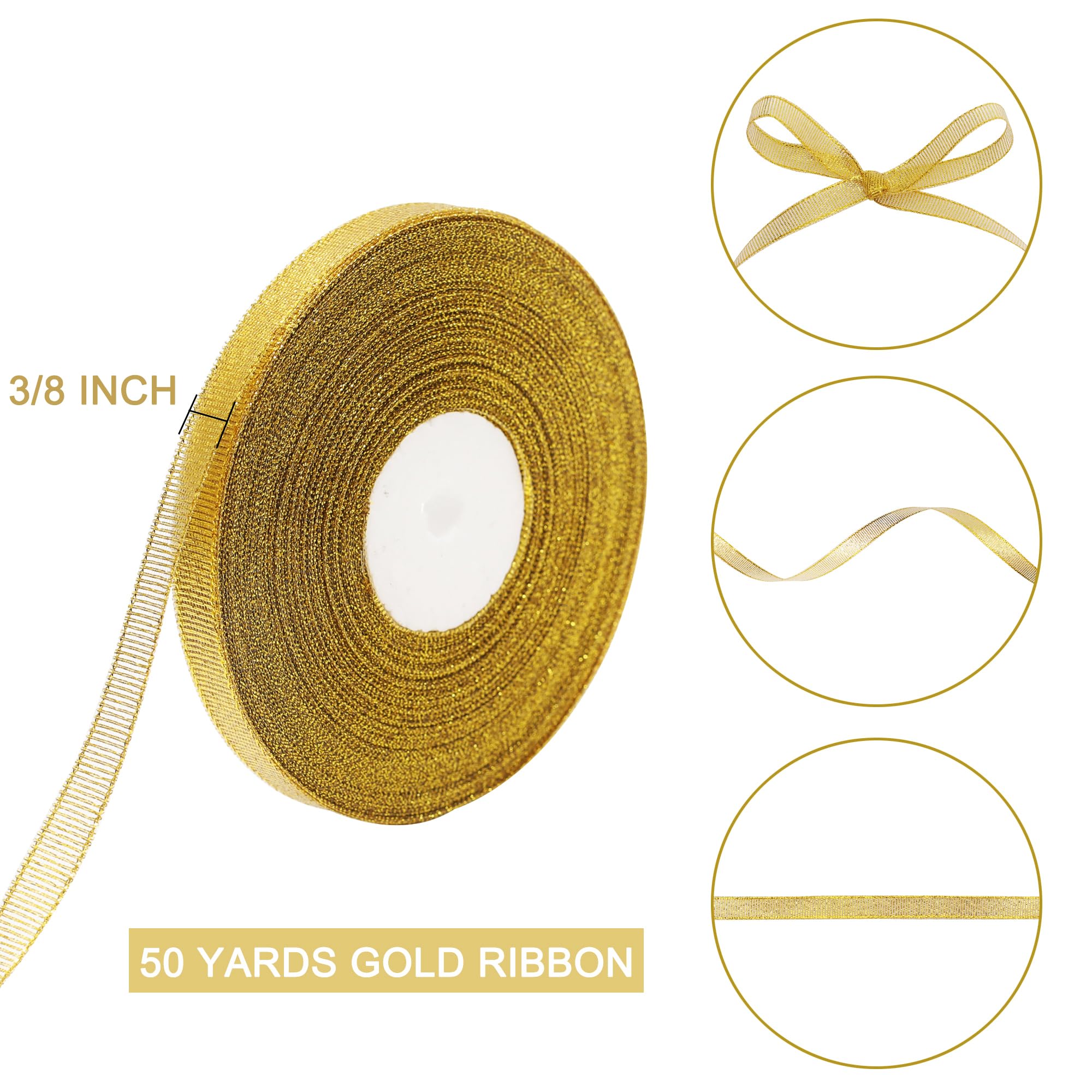 50 Yards Gold Glitter Ribbon 3/8 Inch, Sparkly Thin Solid Fabric Ribbon for Gift Wrapping, Crafts, Holiday Wedding Birthday Party Decoration Floral Bouquet, Metallic Gold Ribbon Roll