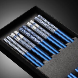 TIICOO Metal Chopsticks Reusable 18/8 Stainless Steel Chopsticks Laser Engraved Premium Titanium Chop Sticks Dishwasher Safe Lightweight Japanese Korean Chopsticks 5 Pairs Gift Set (Blue)