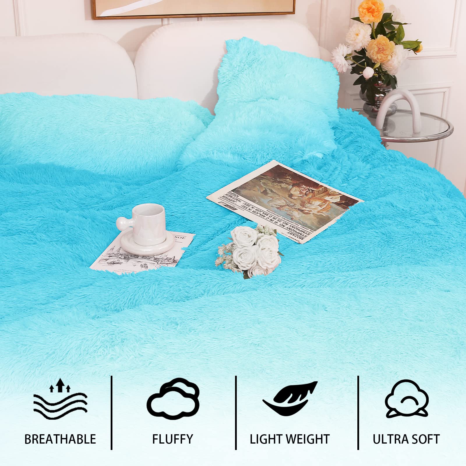 greenoak Duvet Cover Queen Size, Fluffy Luxury Plush Shaggy Duvet Cover Sets Velvet Bedding (1 Faux Fur Duvet Cover + 2 Pillowcases) Comforter Bed Sets 3 Pieces, Zipper Closure (Gradient Teal)