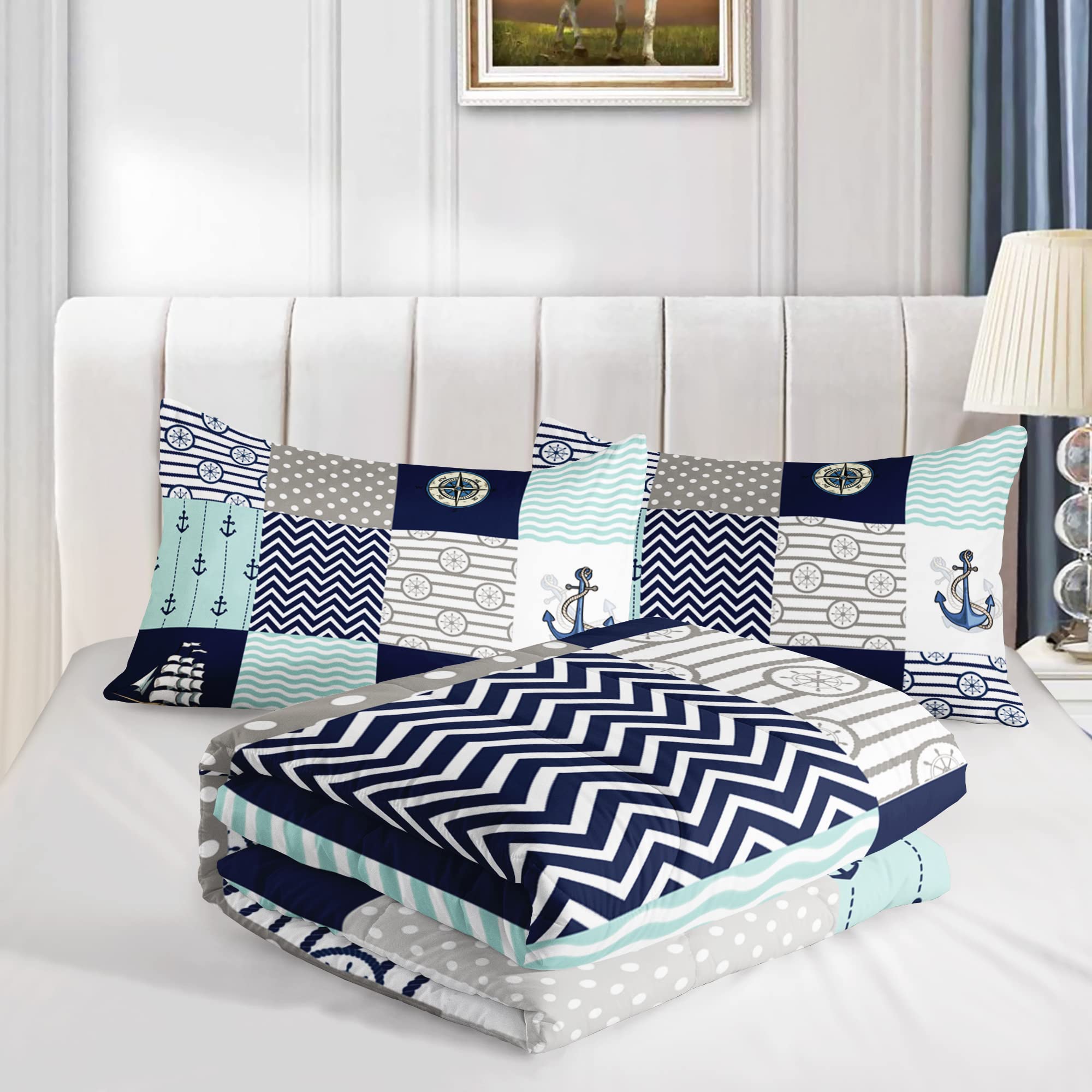 HOSIMA Nautical Comforter Set Queen,Plaid Patchwork Ocean Themed Bedding Sailboat and Anchor Print Kids Bedding Set for Boys Adult Kids Girls,Navy Blue Comforter Queen Size with 2 Pillow Shams.