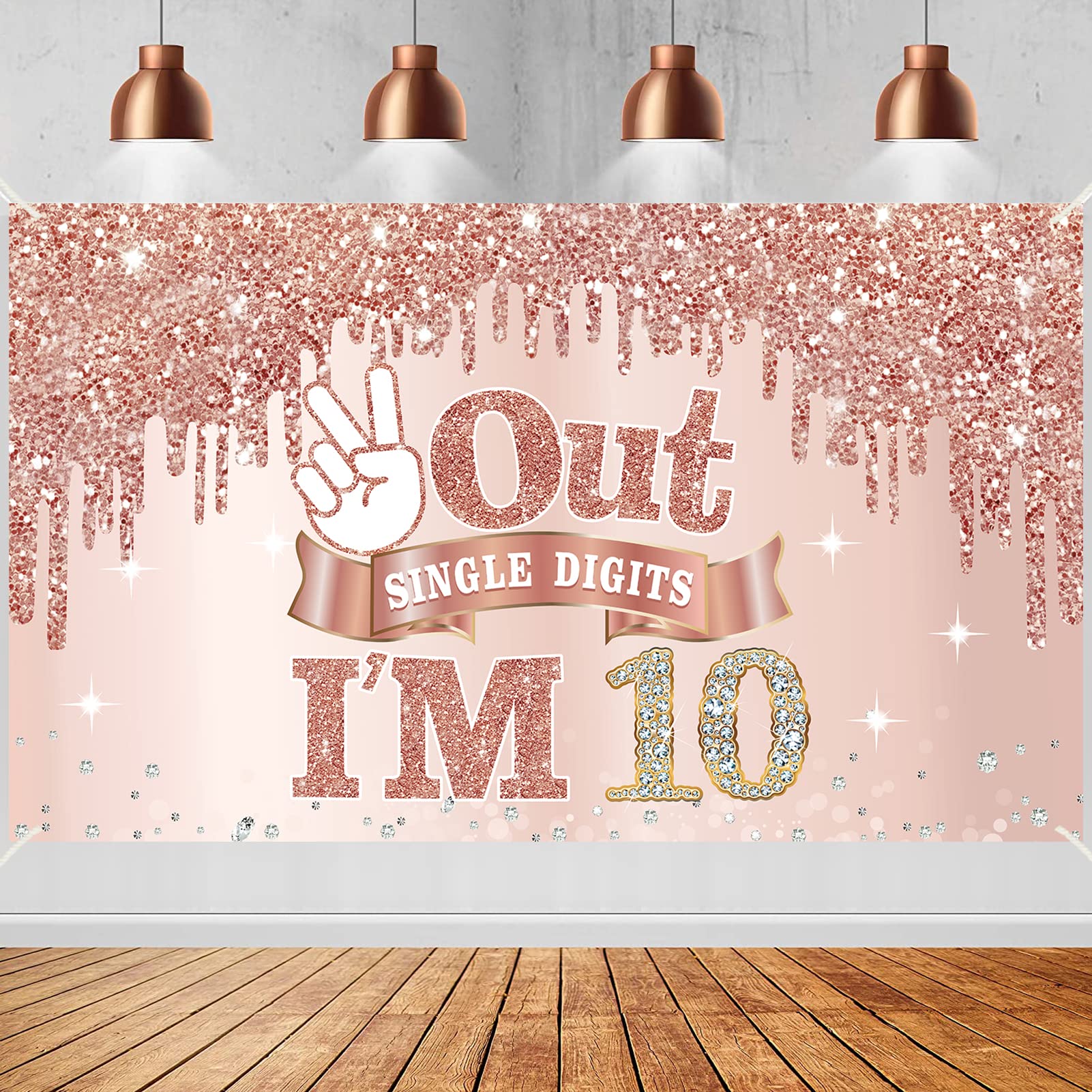 Large 10 Years Old Birthday Banner Decorations for Girls, Pink Rose Gold 10th Birthday Backdrop Party Supplies, Out Single Digits I'm 10 Bday Poster Background Sign Decor