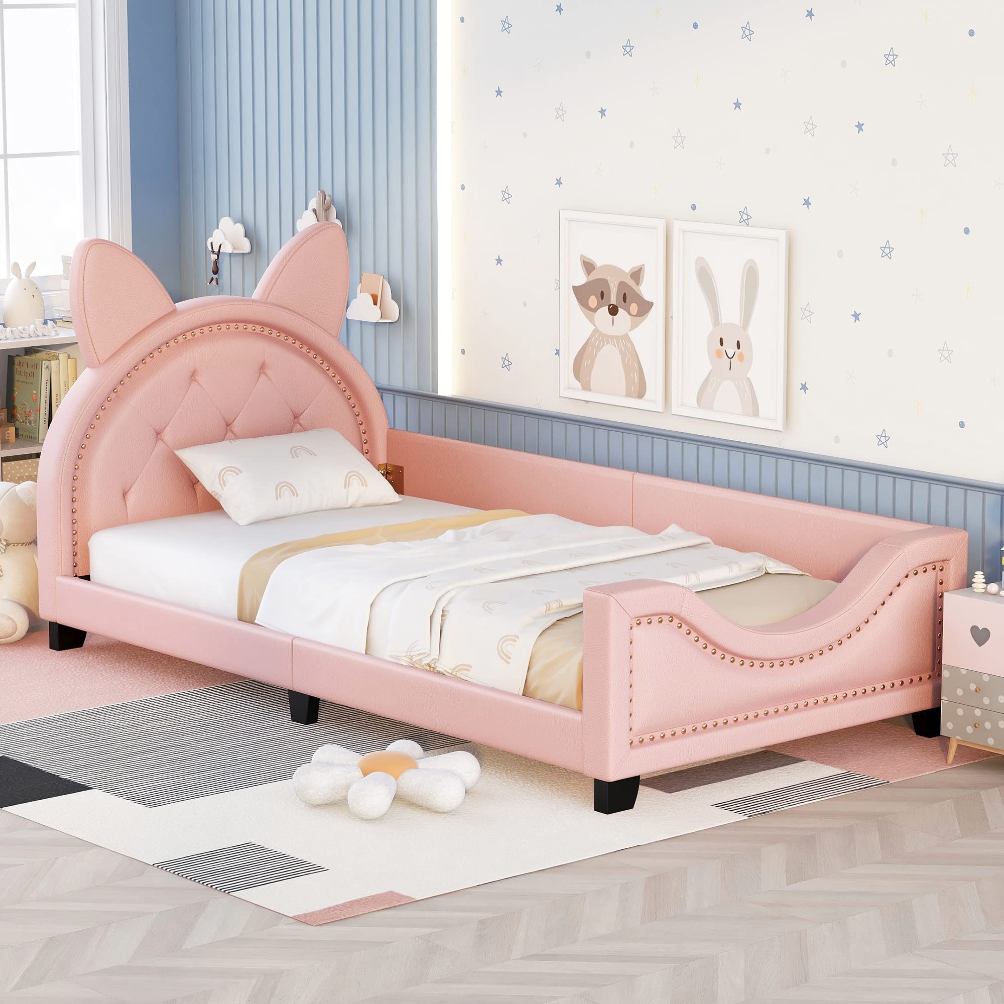 Pink Upholstered Twin Bed with Ears Shaped Bottom Tufted Headboard, Low Platform Bed Frame with Rails for Kids Girls Boys Teens, Faux Leather