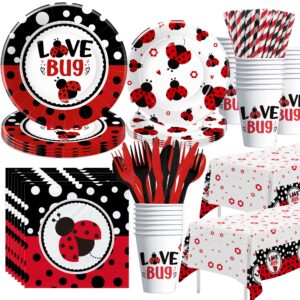 xigejob ladybug birthday party decorations tableware, ladybug party supplies girl, plate, cup, napkin, tablecloth, cutlery, straw, lady bug theme birthday baby shower decorations dinnerware | serve 24