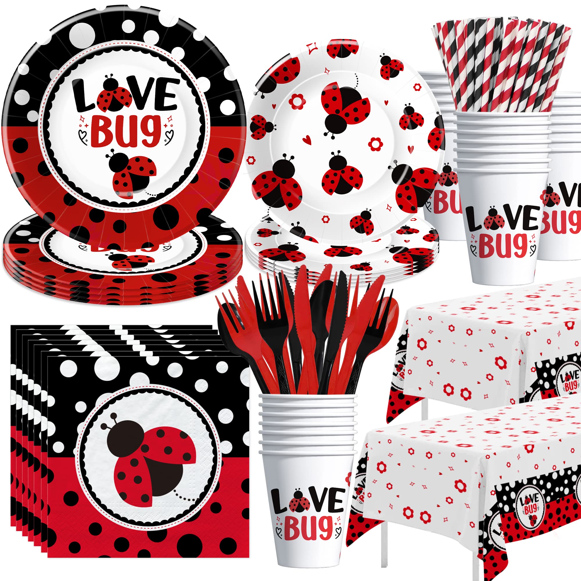 Xigejob Ladybug Birthday Party Decorations Tableware, Ladybug Party Supplies Girl, Plate, Cup, Napkin, Tablecloth, Cutlery, Straw, Lady Bug Theme Birthday Baby Shower Decorations Dinnerware | Serve 24