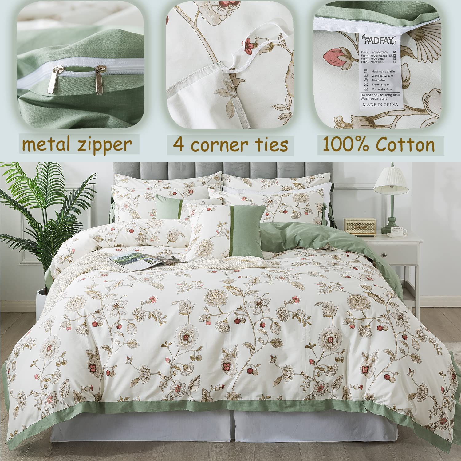 FADFAY 7 Piece 100% Cotton Beige Floral Bedding Set Queen Size Sheet Set +Duvet Cover, Soft Pink Flower Complete Bedding Bed in a Bag(1 Duvet Cover, 1 Fitted Sheet, 1 Flat Sheet + 4 Pillowcase)