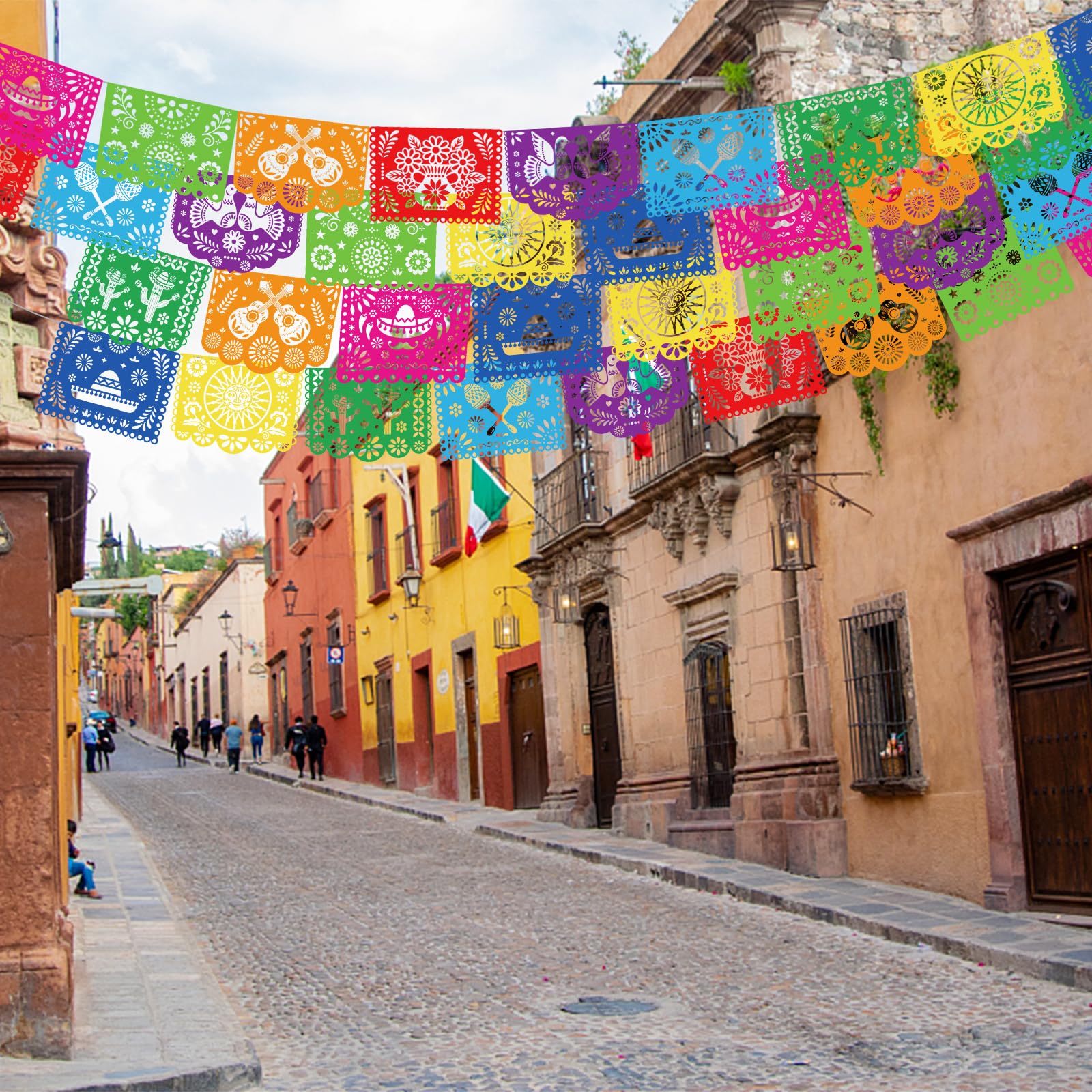 FUTUREPLUSX 18 Feet Fiesta Banner, Mexican Party Banner Fiesta Garland PVC Cinco de Mayo Decor Papel Picado Decorations for Dia De Los Muertos Mexican Party Supplies