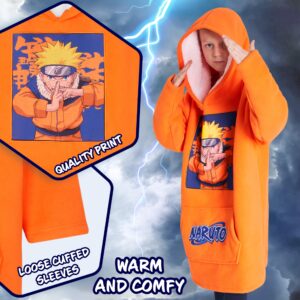 Naruto Fleece Hoodie Blanket for Boys and Teenagers - One Size Kids Oversized Hoodie with Sherpa Lining Gifts for Boys Orange