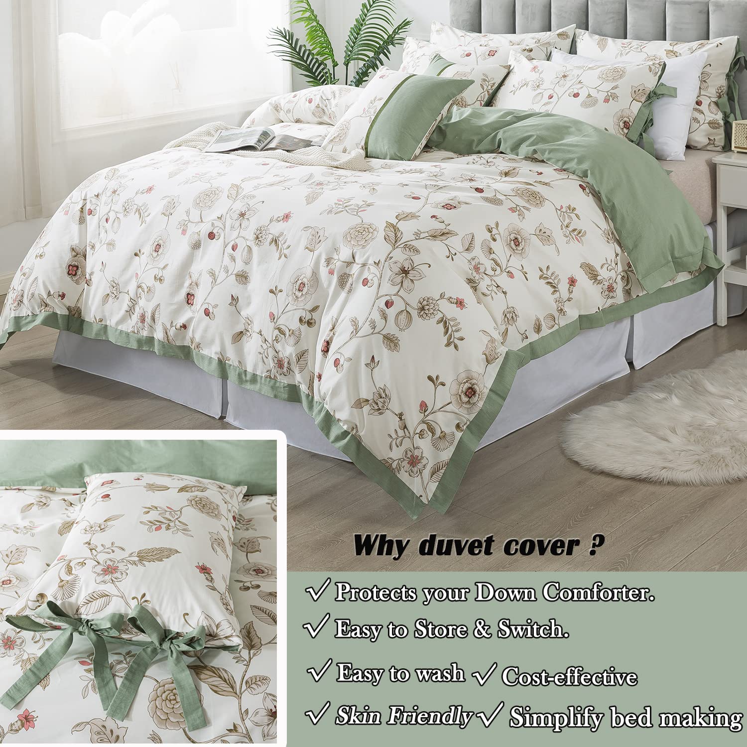 FADFAY 7 Piece 100% Cotton Beige Floral Bedding Set Queen Size Sheet Set +Duvet Cover, Soft Pink Flower Complete Bedding Bed in a Bag(1 Duvet Cover, 1 Fitted Sheet, 1 Flat Sheet + 4 Pillowcase)