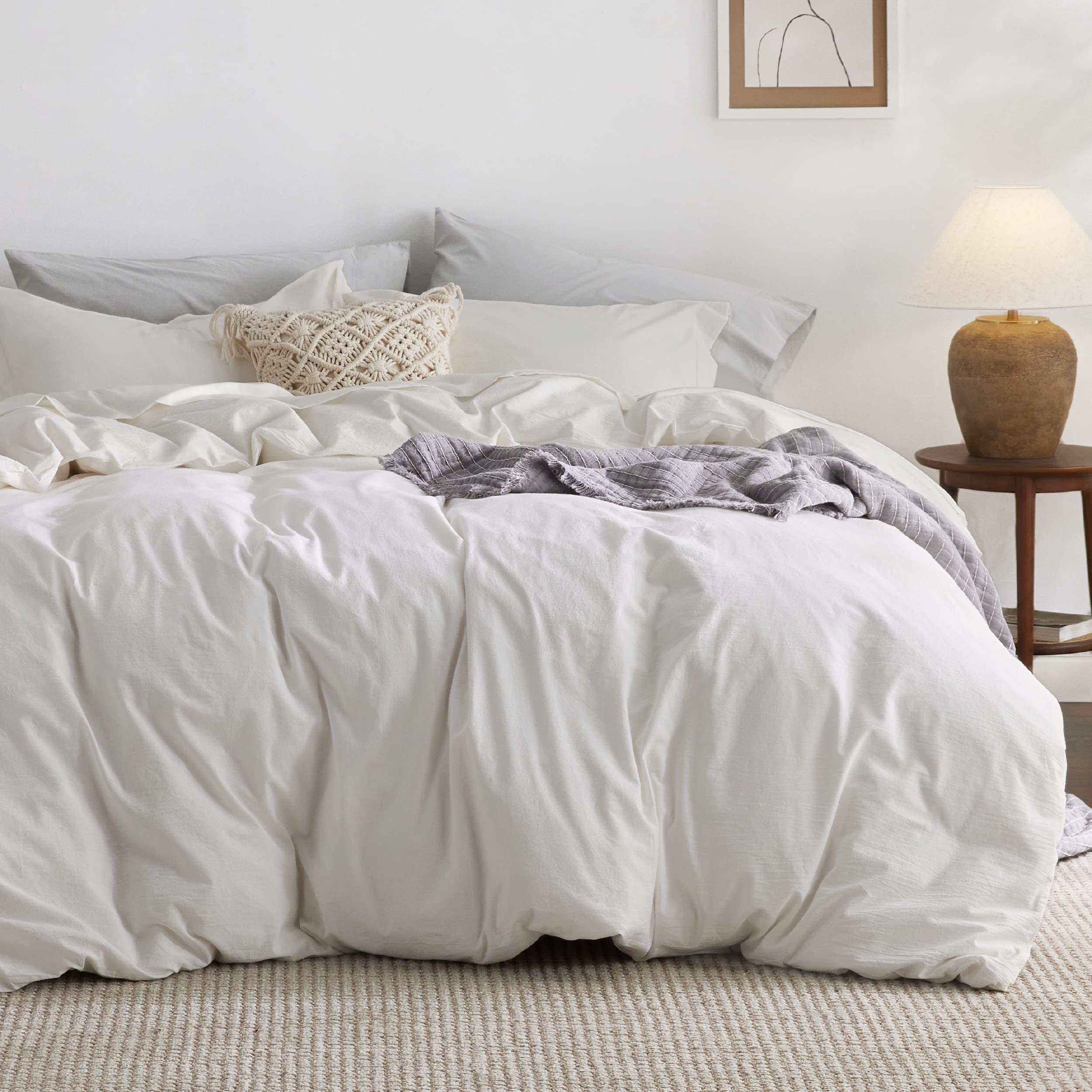 Bedsure 100% Cotton Waffle Weave Coconut White Duvet Cover Set Queen Size 100% Washed Cotton Duvet Cover Cream White Queen Size