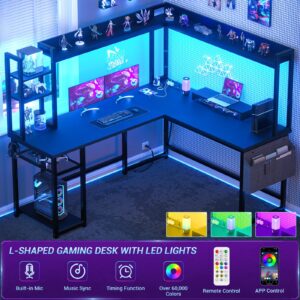 Aheaplus L Shaped Desk with Power Outlet, L Shaped Gaming Desk with Led Light & Hutch, Reversible Home Office Desk, Corner Computer Desk Writing Desk with Monitor Stand & Storage Shelves, Black