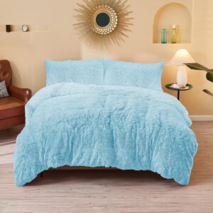 greenoak Duvet Cover Queen Size, Fluffy Luxury Plush Shaggy Duvet Cover Sets Velvet Bedding (1 Faux Fur Duvet Cover + 2 Pillowcases) Comforter Bed Sets 3 Pieces, Zipper Closure (Gradient Teal)