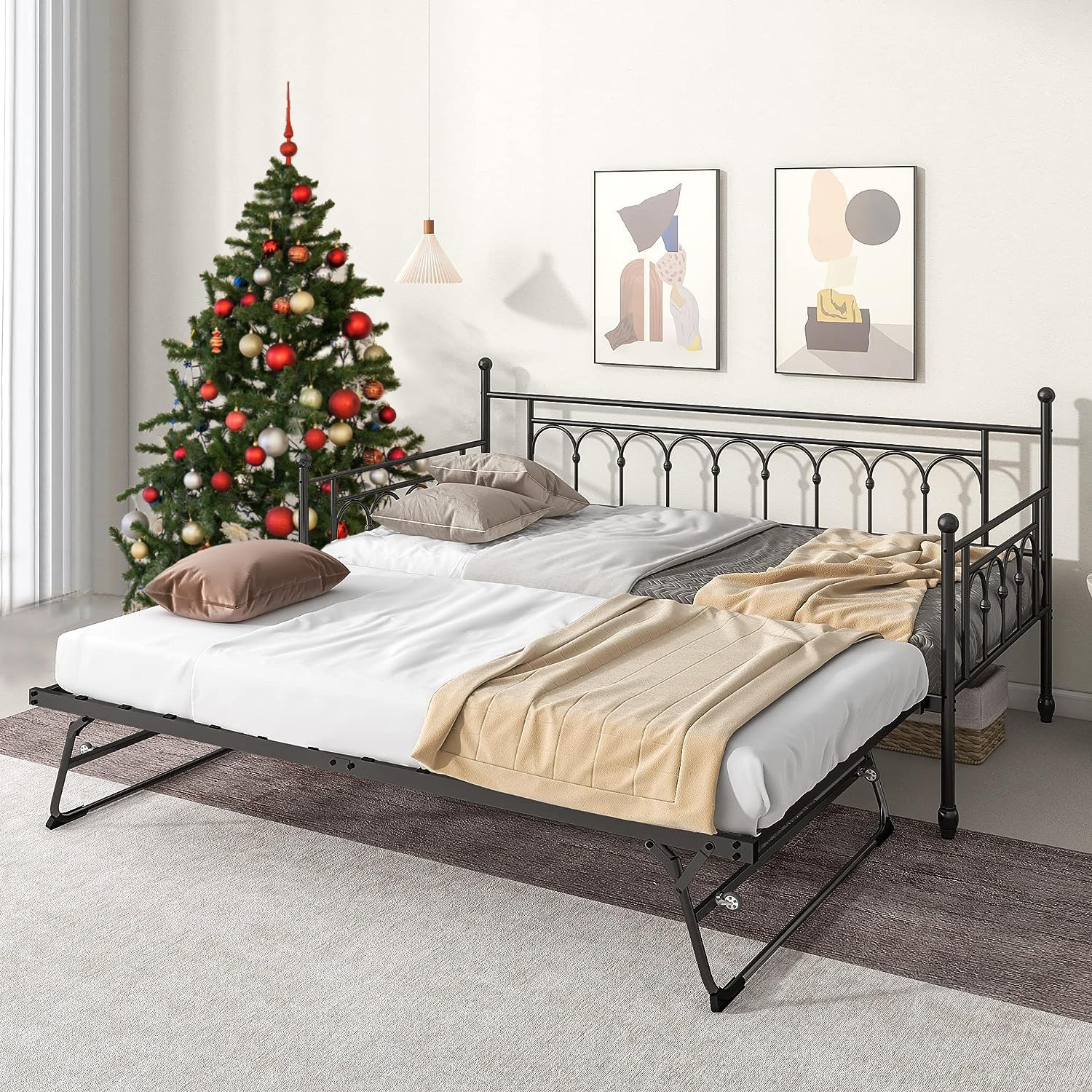 kuurfuurdo Twin Daybed with Trundle, Metal Daybed with Pop Up Trundle, Day Bed with Trundle Bed Twin, Steel Slat Support Sofa Bed for Kids Teens Adults Living Room, No Box Spring Needed