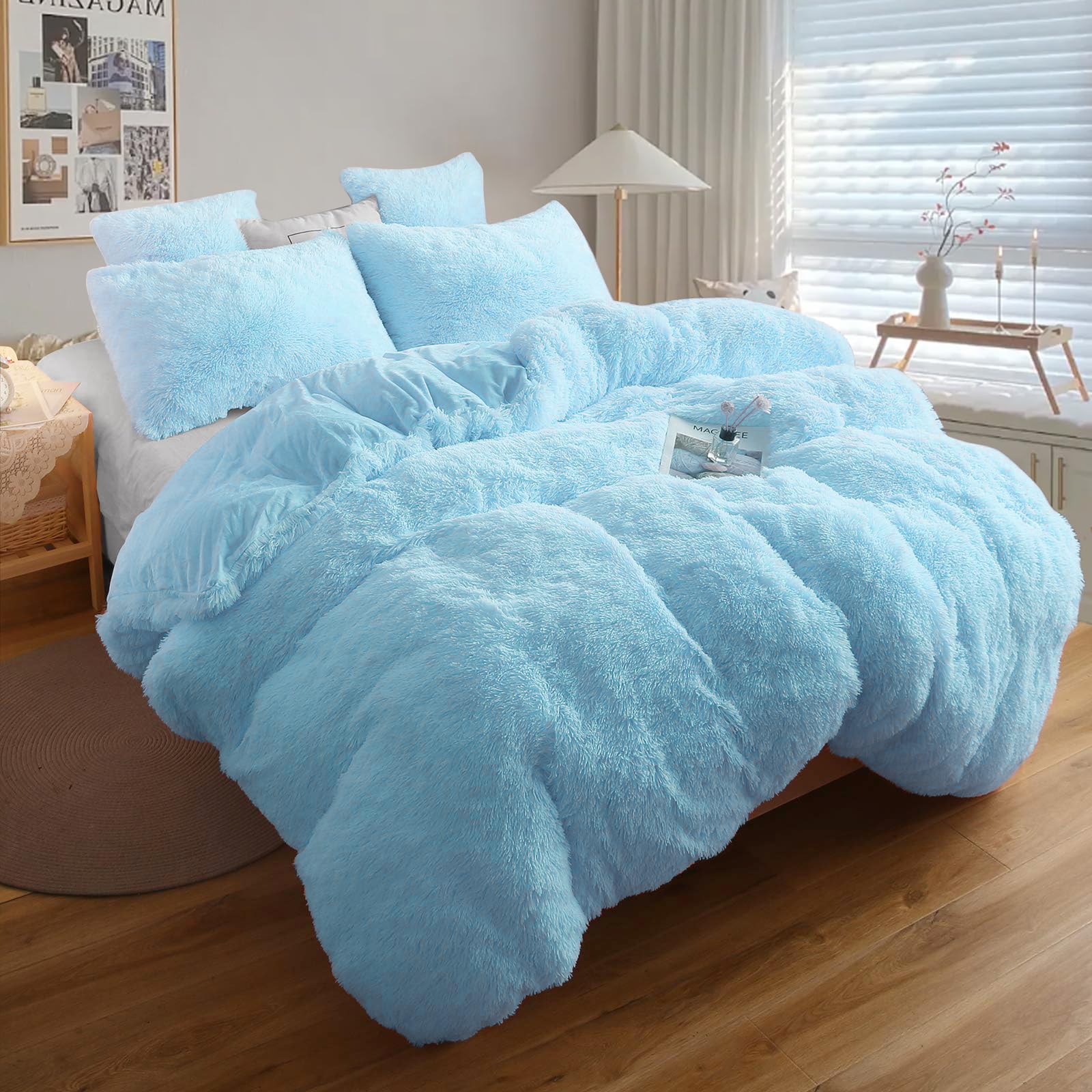 greenoak Duvet Cover Queen Size, Fluffy Luxury Plush Shaggy Duvet Cover Sets Velvet Bedding (1 Faux Fur Duvet Cover + 2 Pillowcases) Comforter Bed Sets 3 Pieces, Zipper Closure (Gradient Teal)