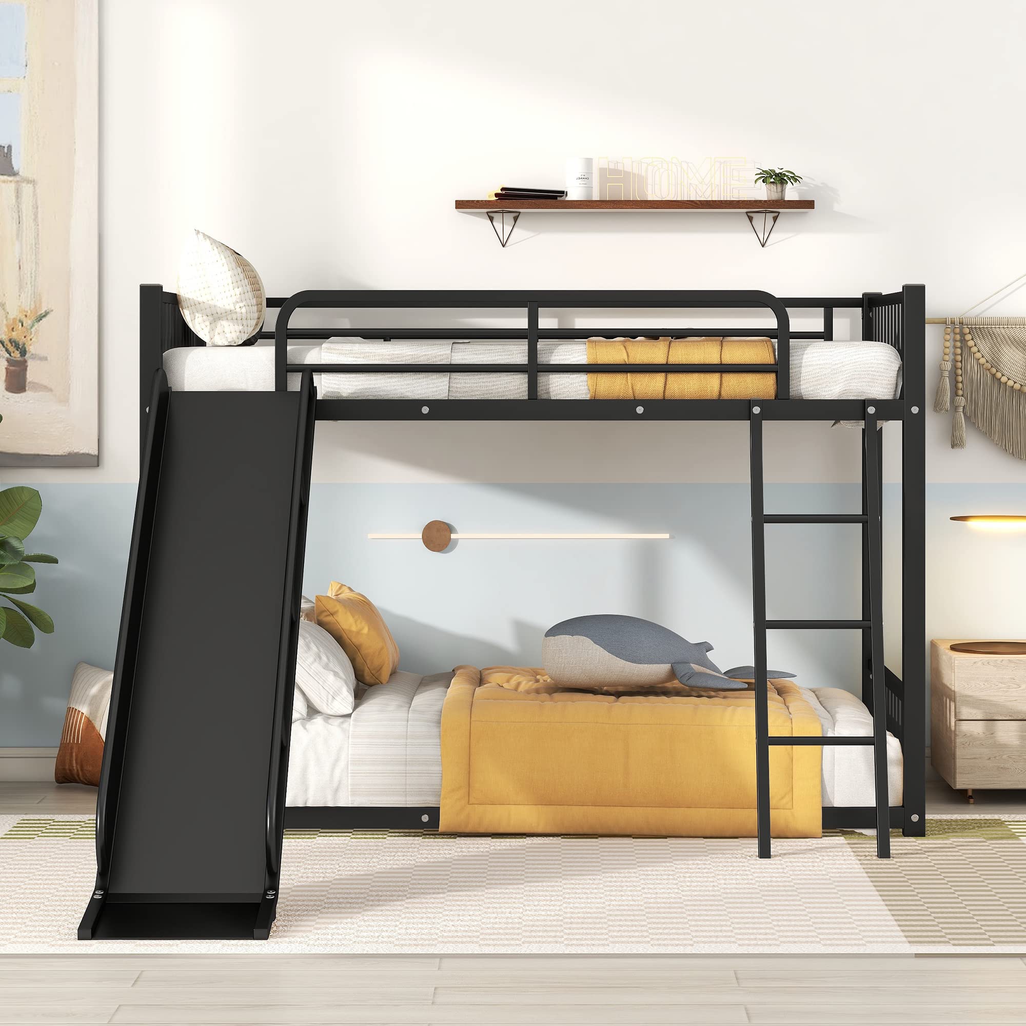 Harper & Bright Designs Metal Bunk Beds Twin Over Twin with Slide for Kids, Heavy Duty Twin Bunk Beds with Ladder for Girls Boys, No Box Spring Required,Black