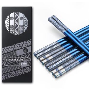 tiicoo metal chopsticks reusable 18/8 stainless steel chopsticks laser engraved premium titanium chop sticks dishwasher safe lightweight japanese korean chopsticks 5 pairs gift set (blue)