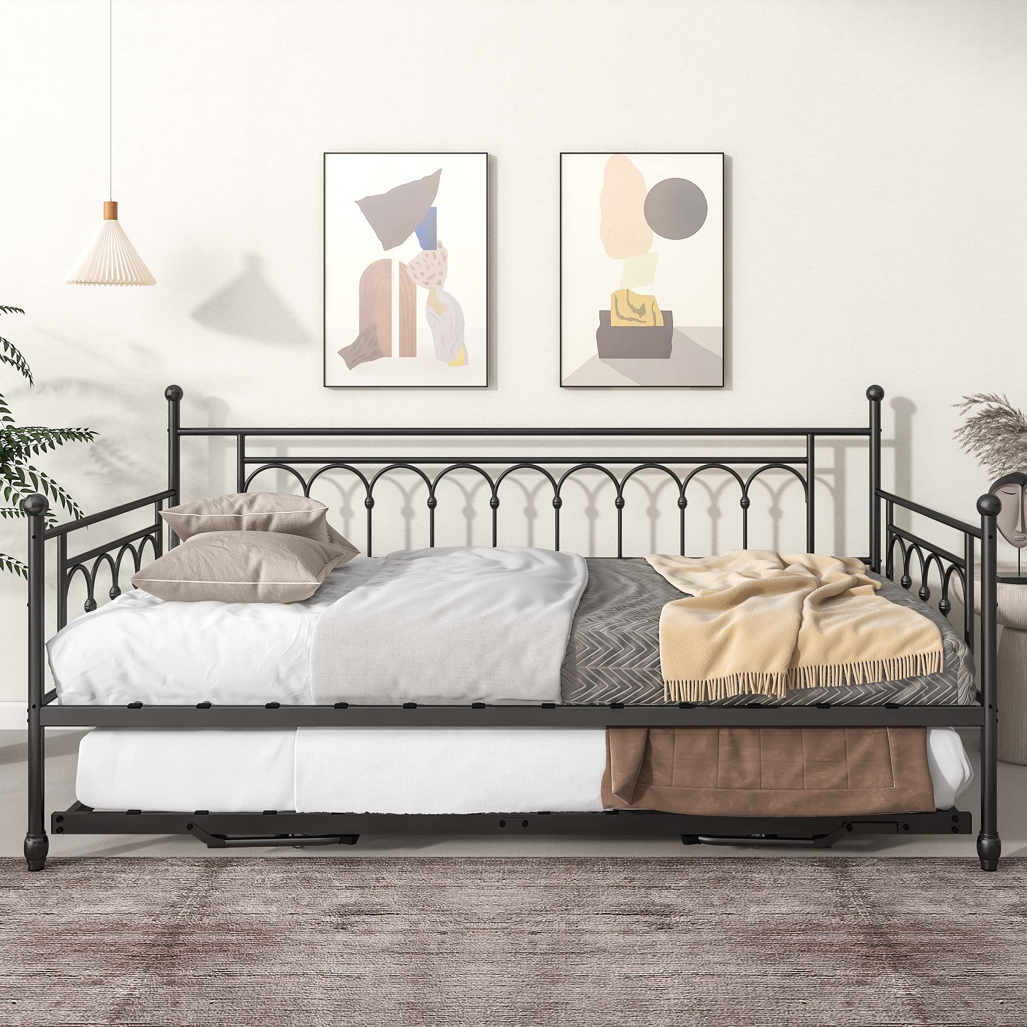 kuurfuurdo Twin Daybed with Trundle, Metal Daybed with Pop Up Trundle, Day Bed with Trundle Bed Twin, Steel Slat Support Sofa Bed for Kids Teens Adults Living Room, No Box Spring Needed