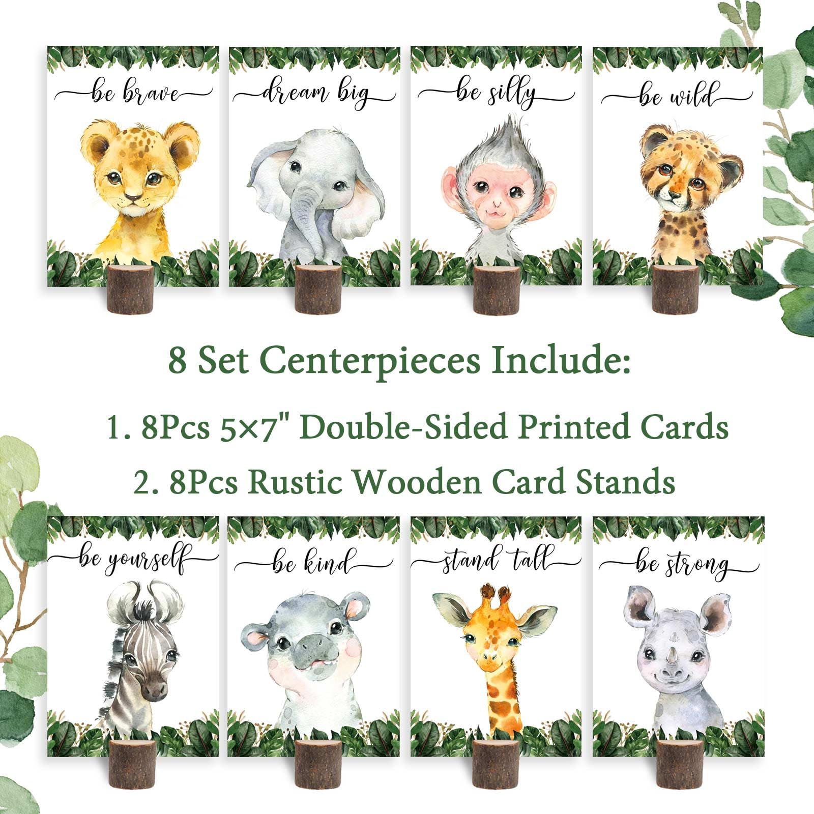 8Pcs Jungle Safari Centerpieces and Wooden Stands, Safari Baby Shower for Table Decorations, Jungle Animal Birthday Party Centerpiece for Boys Kids, Wild One Themed Birthday Party Supplies