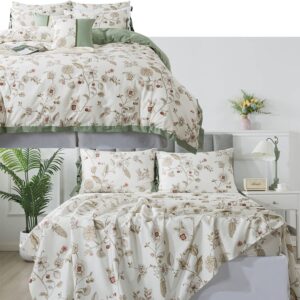 fadfay 7 piece 100% cotton beige floral bedding set queen size sheet set +duvet cover, soft pink flower complete bedding bed in a bag(1 duvet cover, 1 fitted sheet, 1 flat sheet + 4 pillowcase)