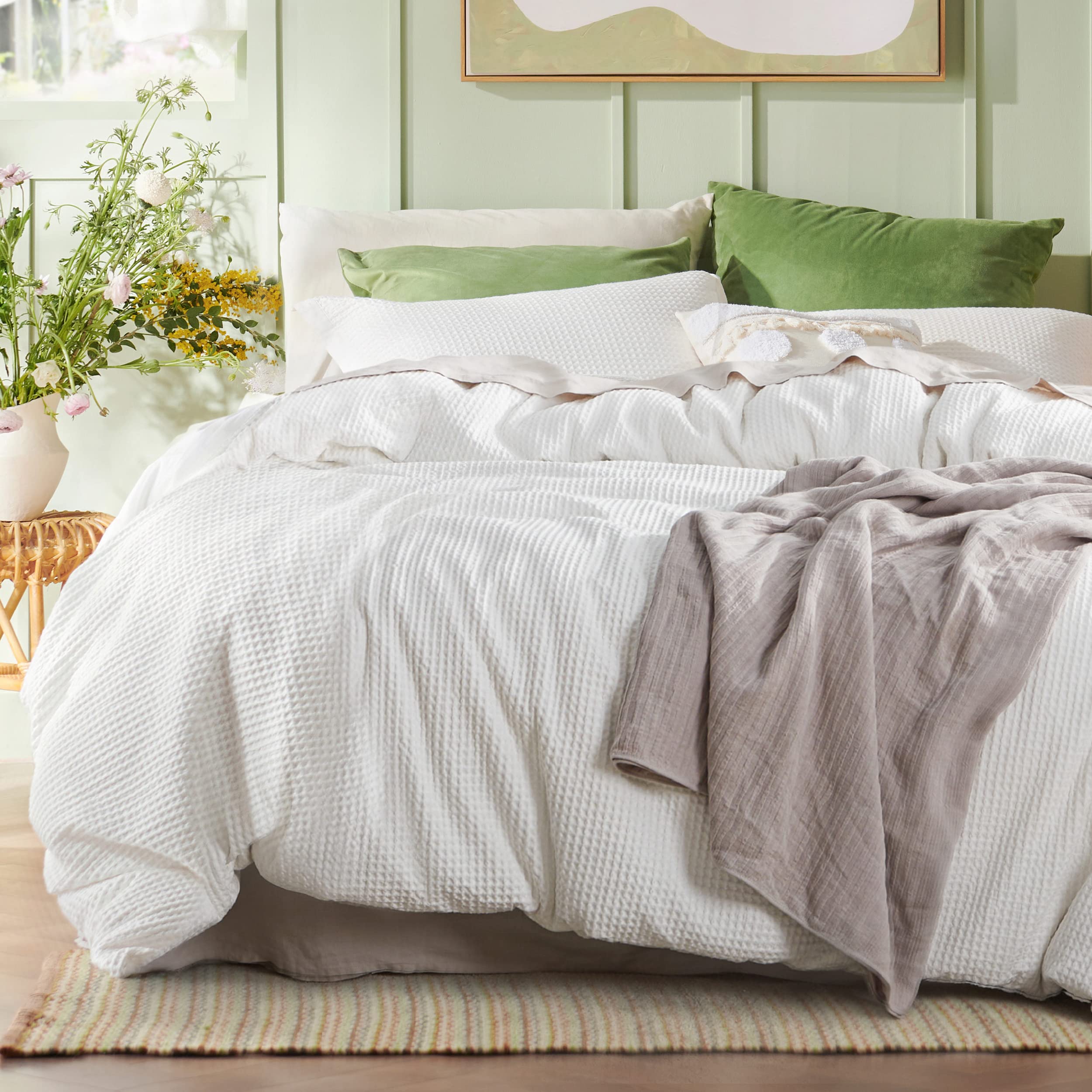 Bedsure 100% Cotton Waffle Weave Coconut White Duvet Cover Set Queen Size 100% Washed Cotton Duvet Cover Cream White Queen Size