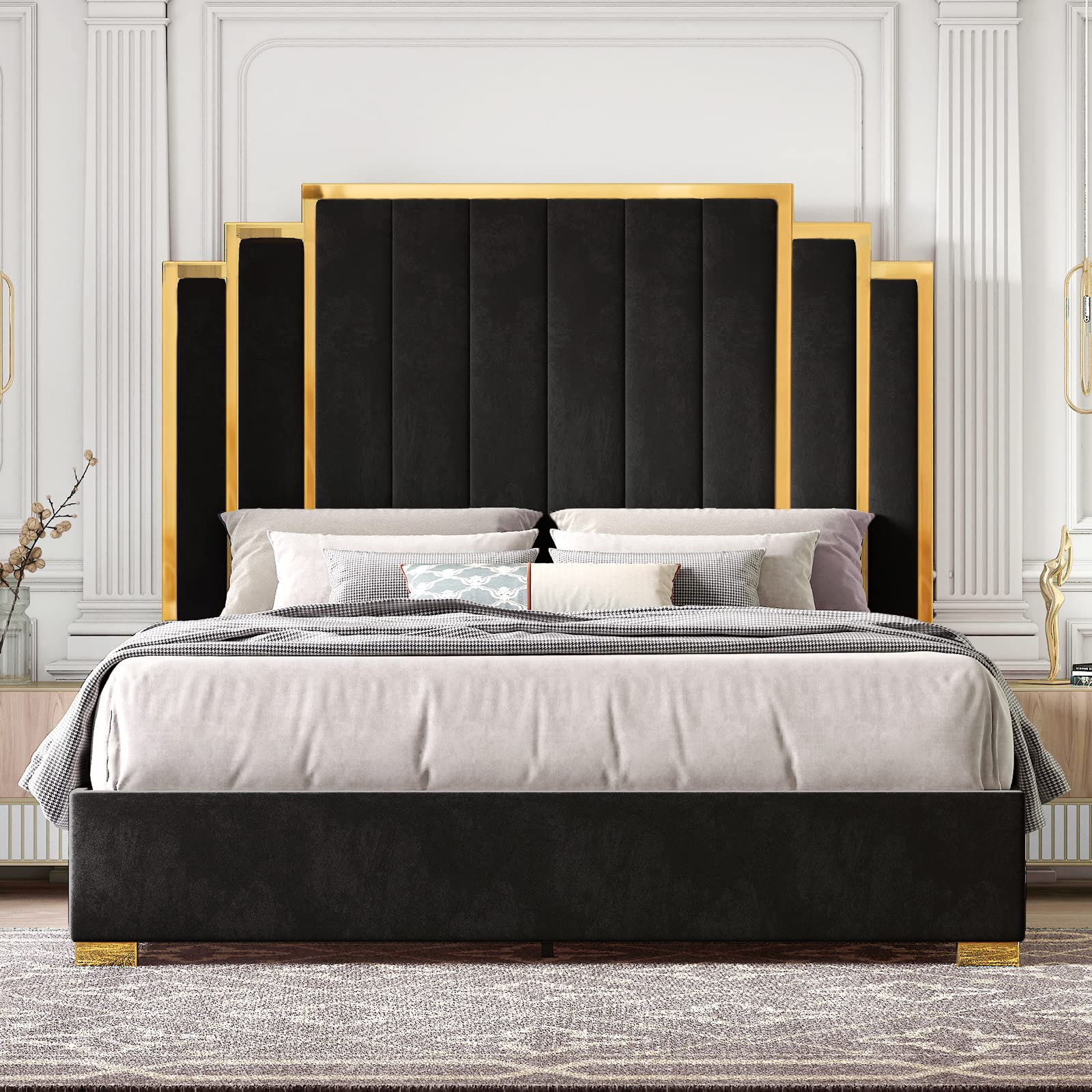 HOWE King Size Bed Frame and 65" Headboard, Upholstered Bed with Golden Plating Trim, Modern Platform Bed No Box Spring Needed, Black