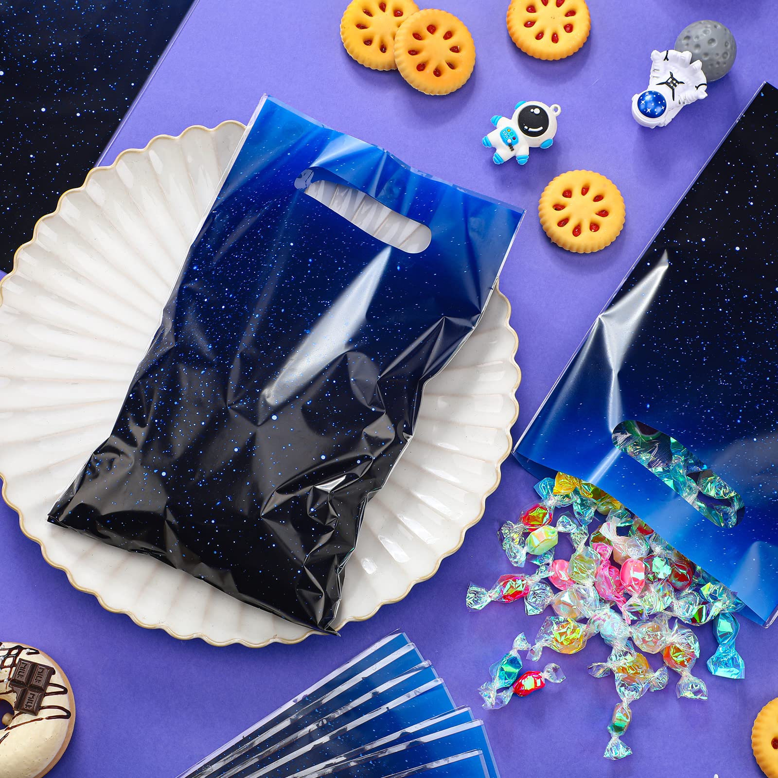 50 Packs Galaxy Party Favor Bags Candy Favor Bags Goodie Bags Galaxy Party Supplies Outer Space Party Favors Treat Bags Starry Plastic Gift Bags for Kids Birthday Party Baby Shower (Blue Galaxy)