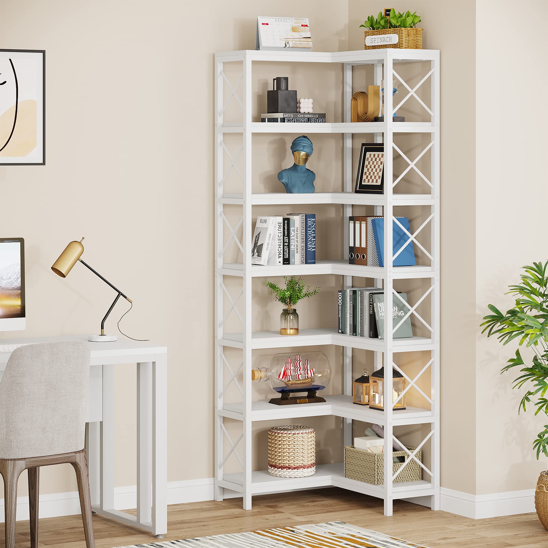 LITTLE TREE 7-Shelf Corner Bookshelf Modern Corner Bookcase Corner Shelf for Living Room Home Office, White