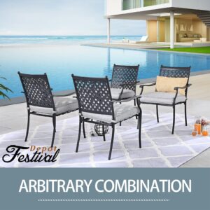 Festival Depot 8-Piece Outdoor Patio Furniture Outdoor Wrought Iron Dining Chairs Set for Porch Lawn Garden Balcony Pool Backyard with Arms and Cushions (8Pcs, Grey)