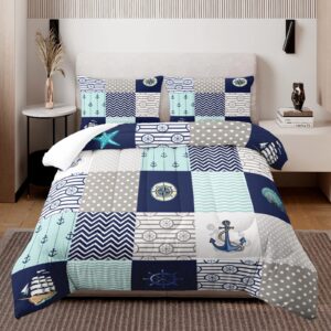 HOSIMA Nautical Comforter Set Queen,Plaid Patchwork Ocean Themed Bedding Sailboat and Anchor Print Kids Bedding Set for Boys Adult Kids Girls,Navy Blue Comforter Queen Size with 2 Pillow Shams.