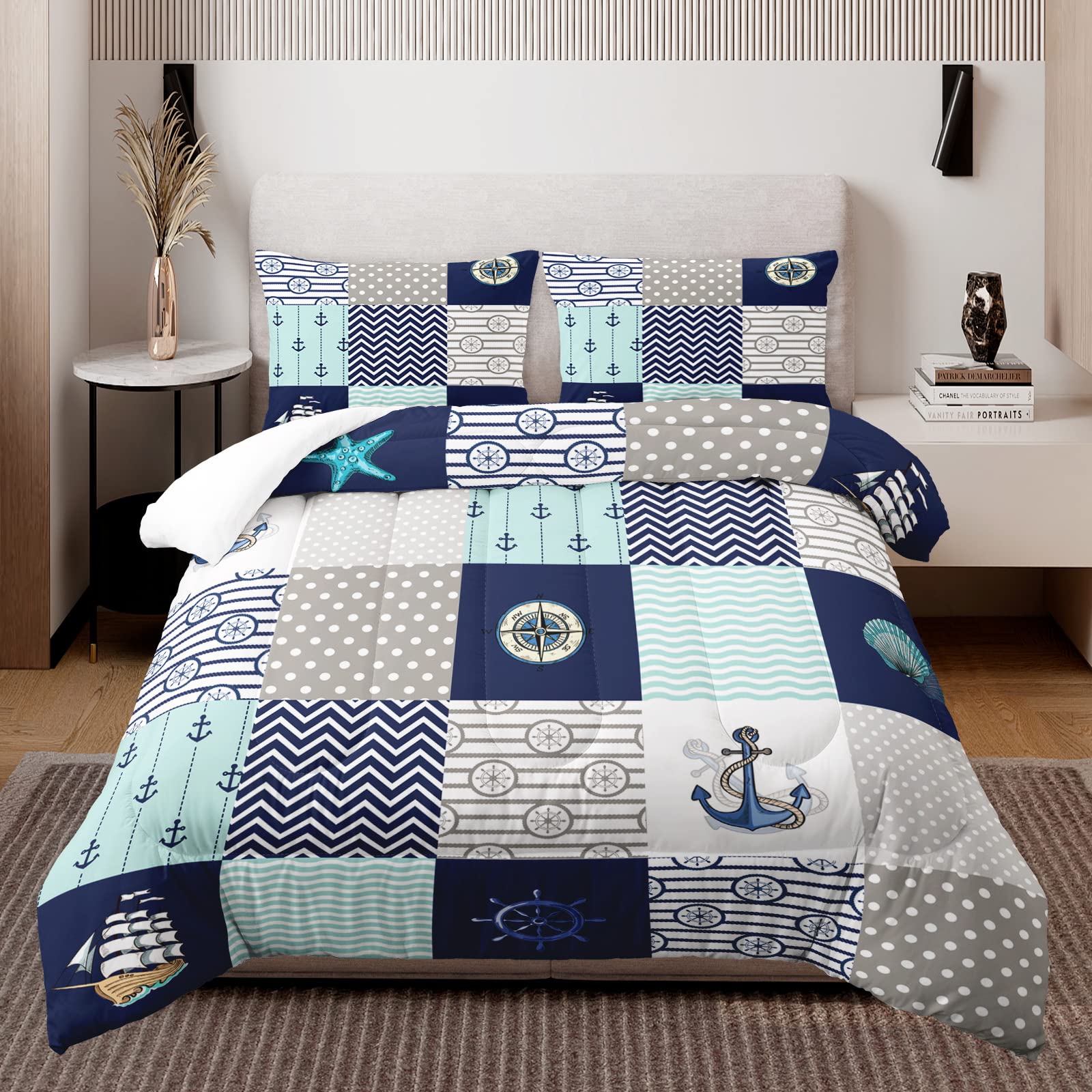 HOSIMA Nautical Comforter Set Queen,Plaid Patchwork Ocean Themed Bedding Sailboat and Anchor Print Kids Bedding Set for Boys Adult Kids Girls,Navy Blue Comforter Queen Size with 2 Pillow Shams.