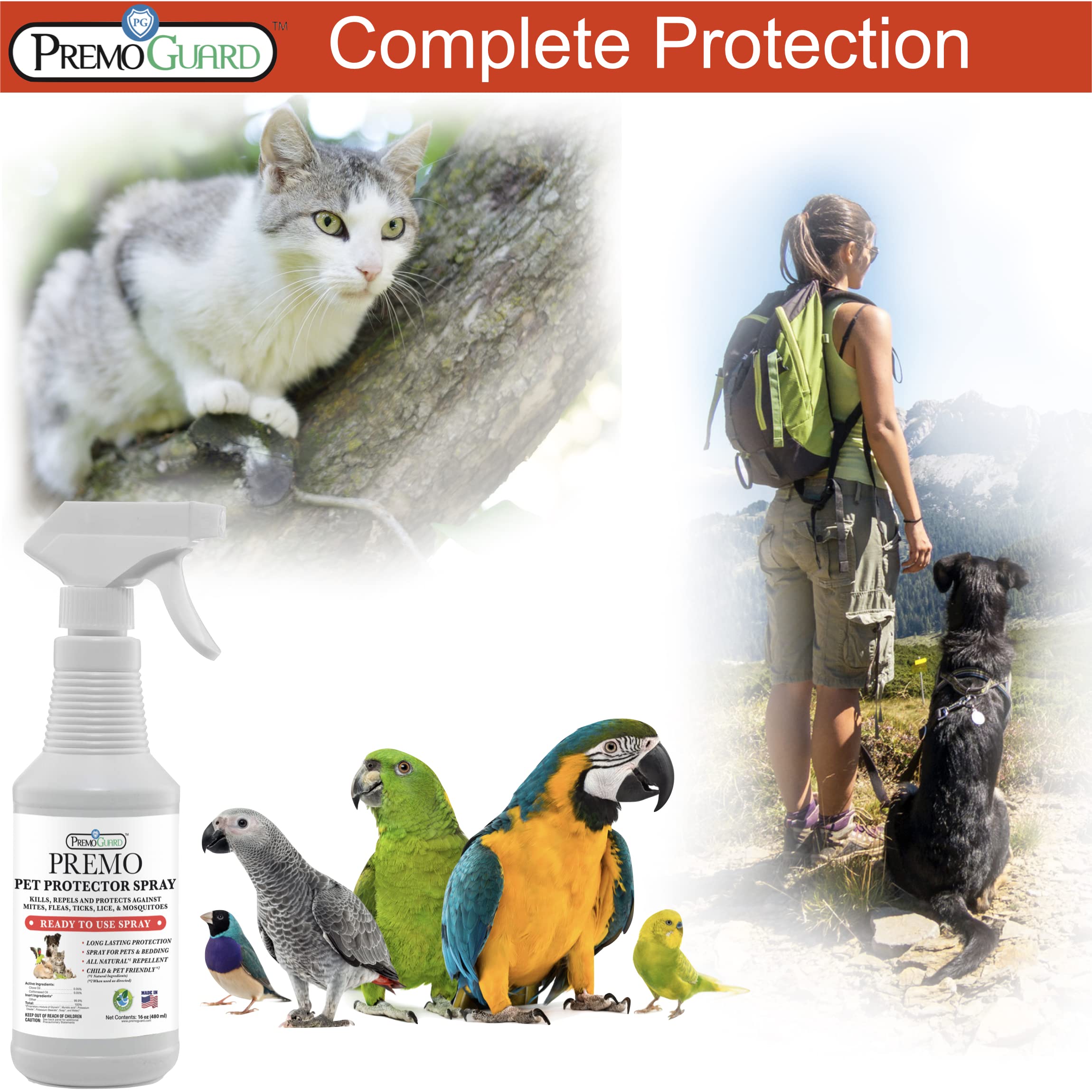 Pet Protector by Premo Guard 16 oz – Mite, Flea, Tick, & Mosquito Spray for Dogs, Cats, & Other Pets – Natural Plant Based Protection for Control, Prevention, & Treatment