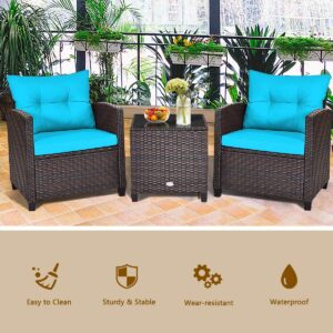 Toolsempire 3 Pieces Wicker Patio Furniture Set, Outdoor Sofa Set with Water-Resistant Cushion & Tempered Glass Table, Outdoor Conversation Set Bistro Set for Garden, Balcony, Poolside(Turquoise)