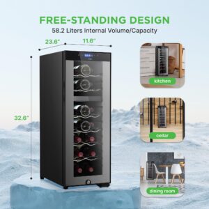 NutriChef PKCWCDS182 18 Bottle Fridge | Dual Zone Chiller | Adjustable Temperature 41°F to 64°F | Ultra Quiet Operation | Wine Cooler for Home, & Office | Free Standing 32x11x26 in (Black)