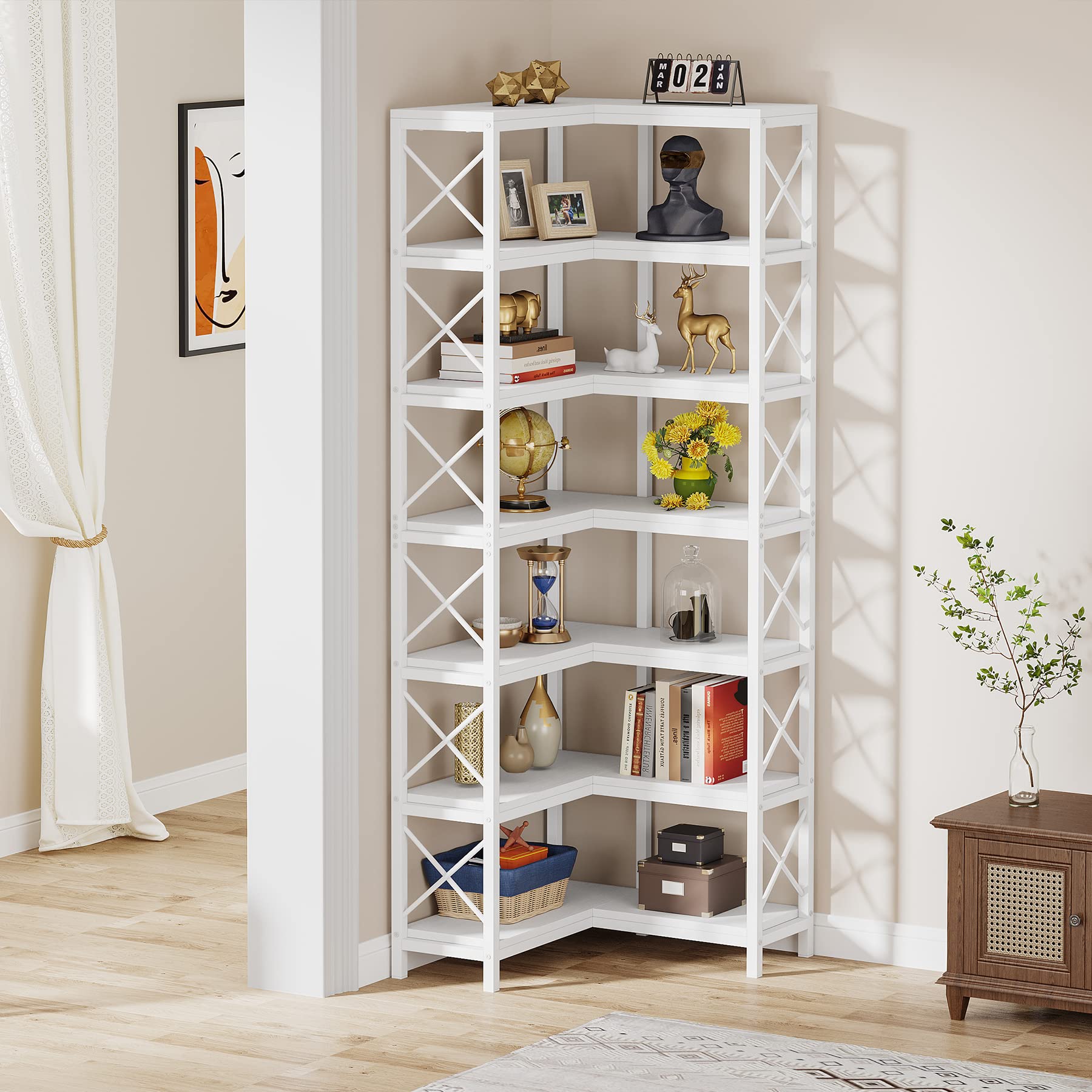 LITTLE TREE 7-Shelf Corner Bookshelf Modern Corner Bookcase Corner Shelf for Living Room Home Office, White