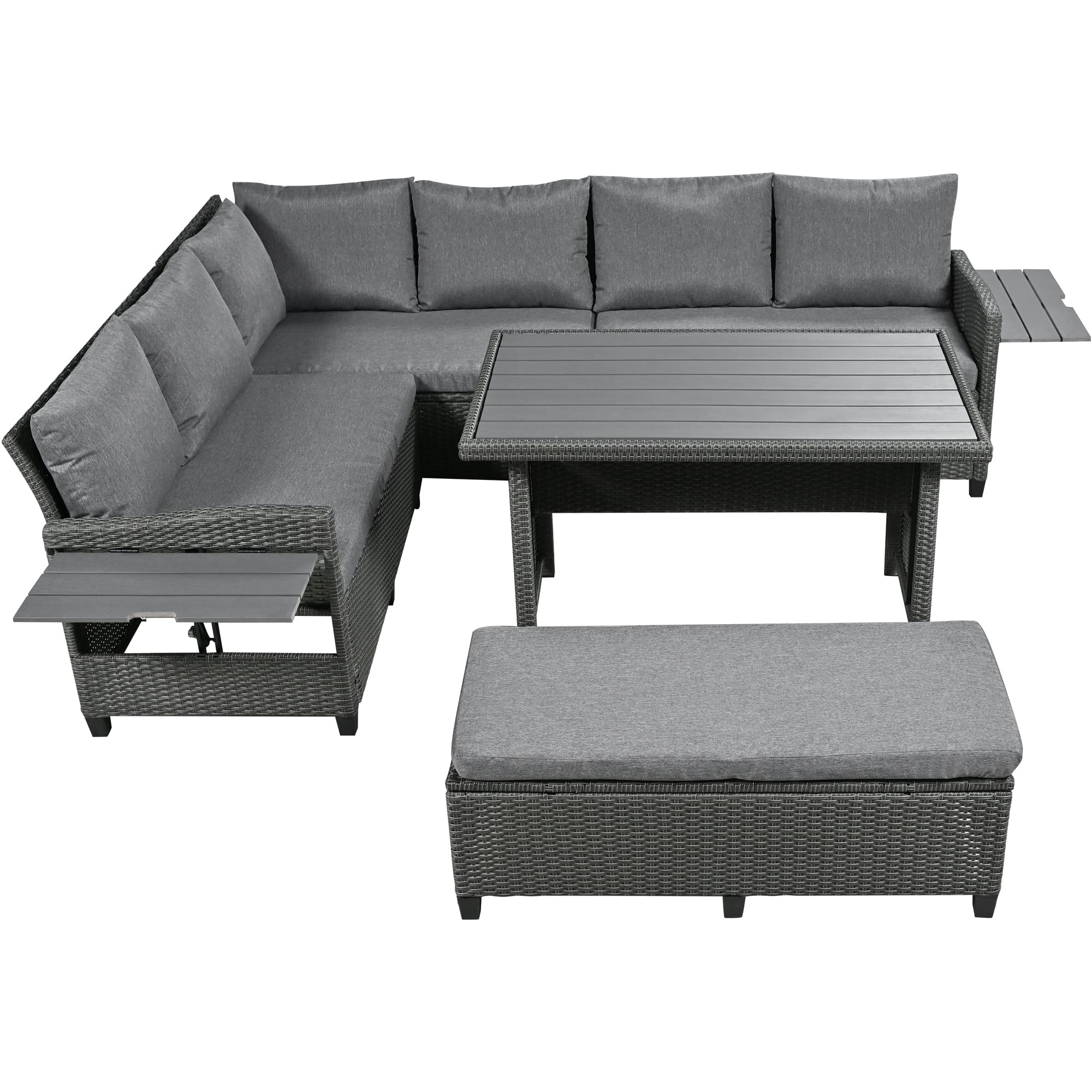 Merax Patio Furniture Sets Outdoor, All Weather Sectional PE Rattan Sofa with 2 Extendable Side, Dining Table and Bench, 5-Piece, Grey